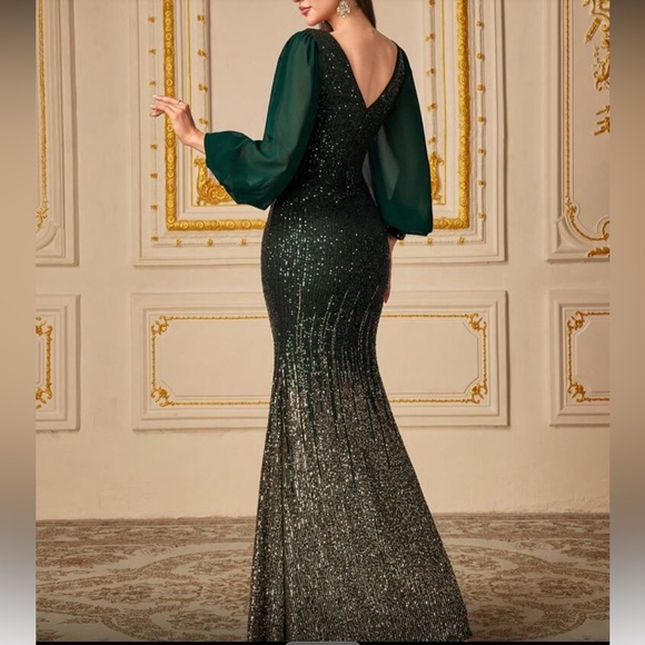 Luxe green lantern sleeve sequins party formal evening prom maxi dress - Picture 3 of 6